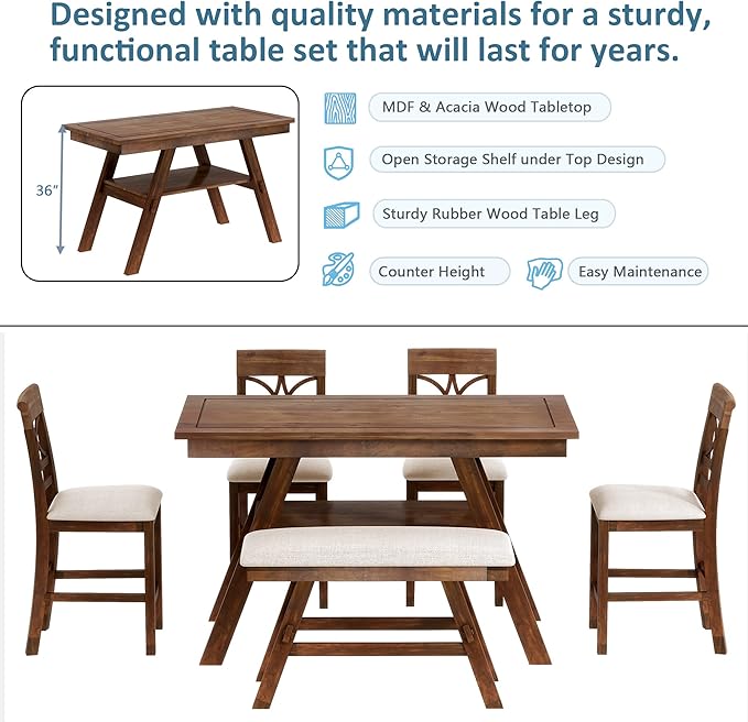 Merax 6 Piece Wood Counter Height Dining Table Set with Storage Shelf, Beige Cushion, Kitchen Table Set with Bench and 4 Chairs, Rustic Style, Walnut