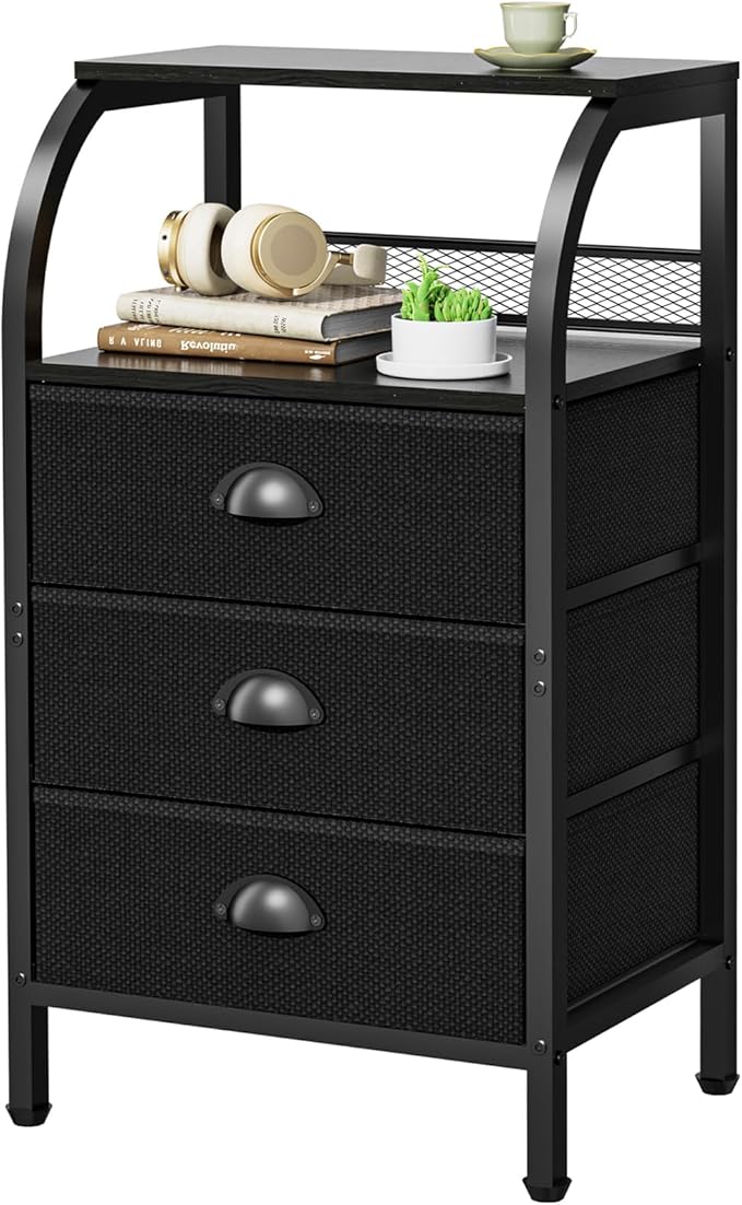 Night Stand Nightstand with Drawer Black Nightstands Storage Night Stands 3 Drawers Bedside Dressers Table Open Shelves Bed Side End Tables for Bedroom Living Room Furniture Small Table Fabric Cabinet