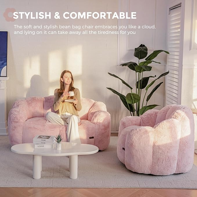 MAXYOYO Bean Bag Chair for Adults, Floral Shaped Bean Bag Sofa, Ultra Soft Faux Fur Floor Sofa, Large Reading Chair for Living Room Bedroom, Pink, Single