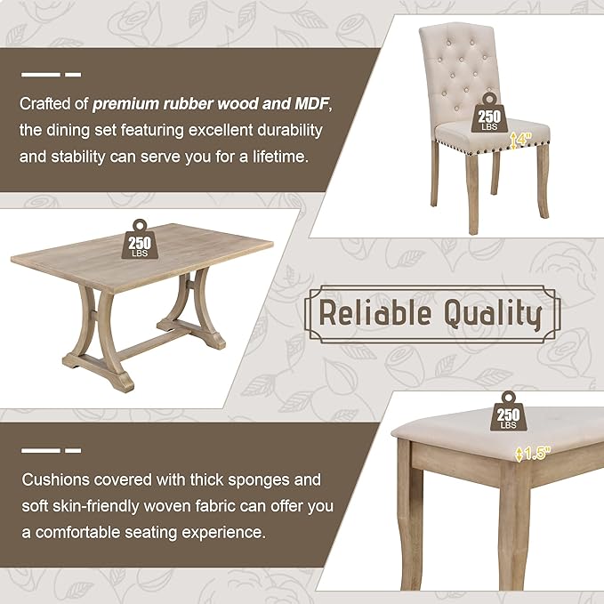 Ball & Cast Dining Table Set for 6, 60" Rectangular Dining Room Table with 4 Upholstered Chairs and 1 Bench, 6-Piece Farmhouse Dining Furniture Set with Solid Wood Legs for Kitchen,Natural Wood Wash