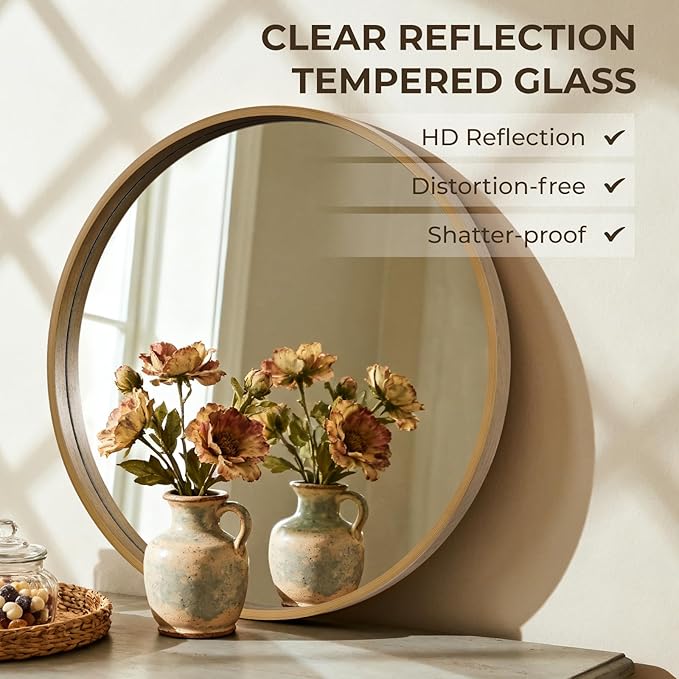 HOMECOOKIN Round Wood Mirror 24 inch Circle Wall Mirror for Bathroom, Vanity, Entryway, Living Room Decor, Natural Wood Accent Mirror