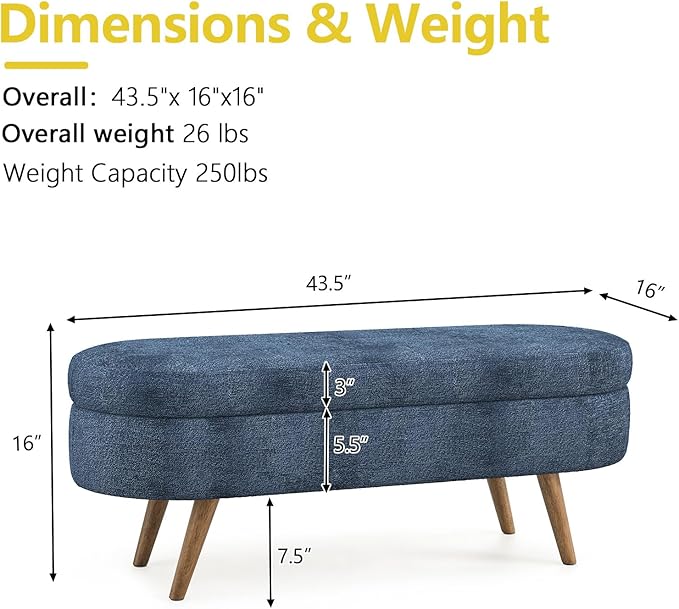 NicBex Ottoman Bench with Storage for Bedroom, 43.5" Upholstered End of Bed Bench with Rubber Wood Legs, Linen Storage Bench for Living Room or Entryway,