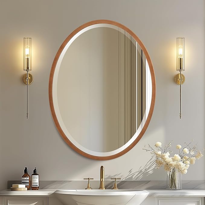 OVALCREST - Oval Wooden Beveled Wall Mirror for Home Decor, Bathroom, Vanity, Bedroom, Living Room, Hallway - London Style (Sunset Gold) 21.1 x 25.1