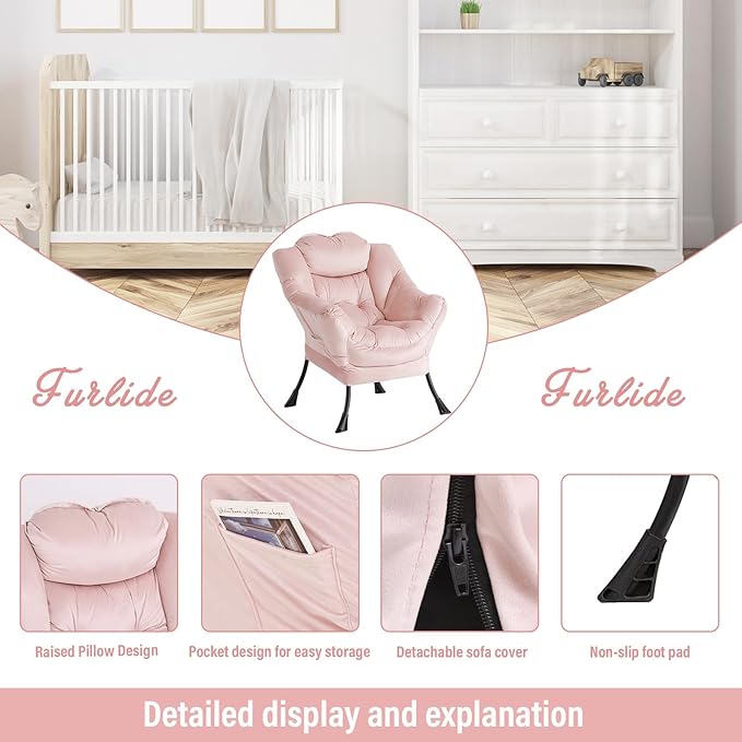 Lazy Chair with Ottoman, Modern Chair with Folding Footrest, Lounge Accent Chair, Comfortable Reading Chair, Oversized Armchairs for Bedroom, Study, Living Room, Courtyard (Pink)