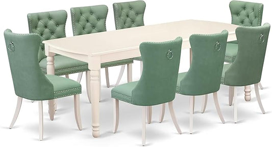 East West Furniture DODA9-LWH-22 9 Piece Kitchen Set Consists of a Rectangle Dining Table with Butterfly Leaf and 8 Polyester Fabric Padded Chairs, Linen White