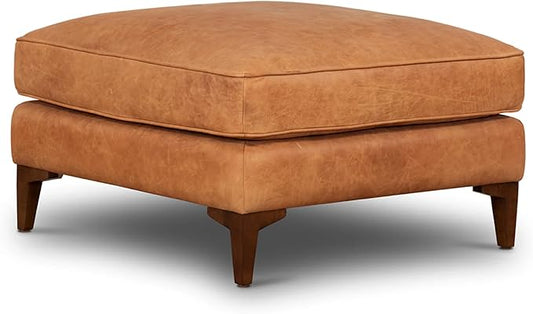 POLY & BARK Essex Ottoman - 35” Large with Feather-Down Topper - Full-Grain Leather Upholstered Ottoman - Couch for Living Room - Vintage Italian Leather in Cognac Tan