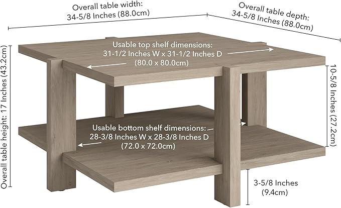 Henn&Hart 35" Wide Square Coffee Table in Antiqued Gray Oak, for Home, Living Room, Bedroom, Entertainment Room, Office