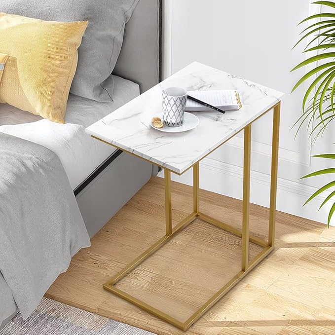 Large Size C Shaped Side Table End Table for Couch, Gold Side End Table with White Faux Marble Top, Modern Living Room Tray Table