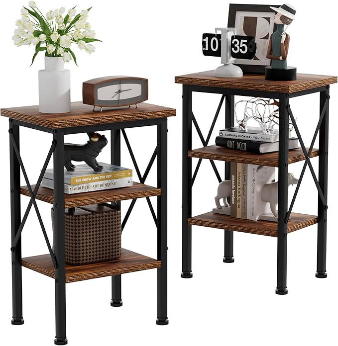 VECELO Modern Nightstands X-Design Side End Table Night Stand with Storage Shelf for Bedroom,Living Room,Set of 2 (Brown A2)