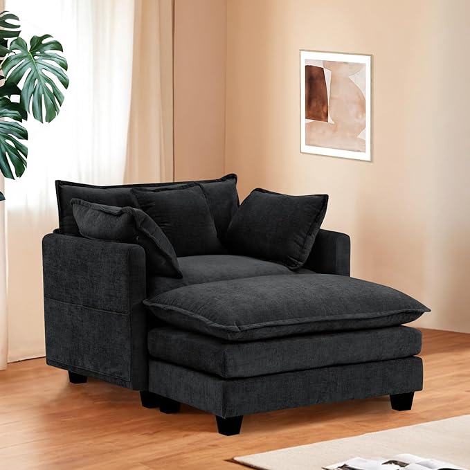 Furniliving Oversized Accent Chairs with Ottoman, Luxury Chenille Single Sofa Couch, Upholstered Deep Seat Chaise Lounge with Pillows for Living Room, Bedroom, Apartment, Black
