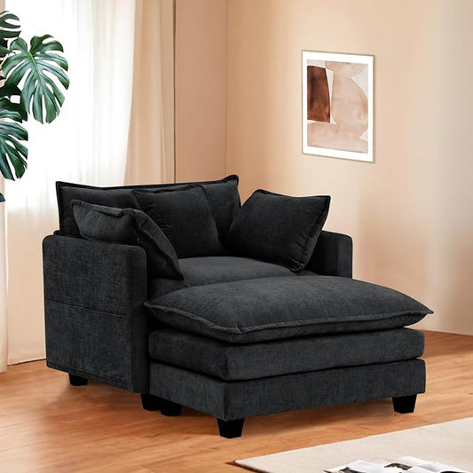 Furniliving Oversized Accent Chairs with Ottoman, Luxury Chenille Single Sofa Couch, Upholstered Deep Seat Chaise Lounge with Pillows for Living Room, Bedroom, Apartment, Black