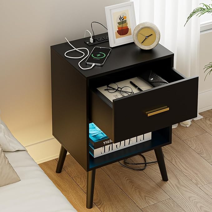 Nightstand with Charging Station and LED Lights, Small Side Table, Bedside Table with Drawer, Modern Night Stand, End Table for Bedroom, Living Room (Black)