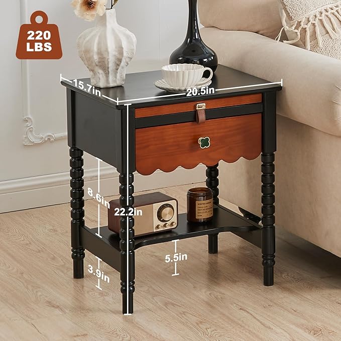 Uniclinens Mid Century Modern Nightstand Two-Tone Bedside Table with Drawers, Vintage Solid Wood End Side Table for Bedroom Living Room, Black-Brown