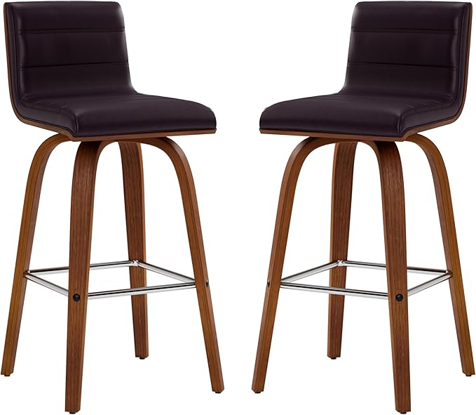 Armen Living Vienna 26" Swivel Counter Stool in Walnut Wood Finish with Brown Faux Leather - Set of 3