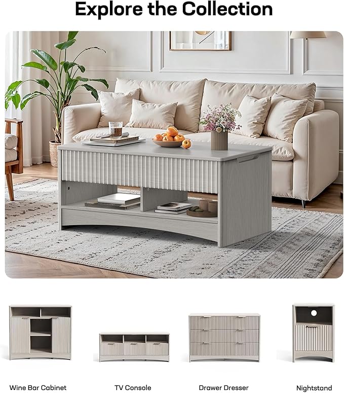 Marsail Lift Top Coffee Table with Open & Hidden Storage, Modern Fluted Coffee Table with Smooth Lift Mechanism, Sturdy Space-Saving Center Table for Home Living Room, Office, Light Grey