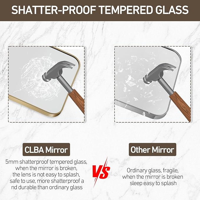 Gold Mirror, 22x30 Inch Gold Rectangle Mirror, Aluminum Alloy Framed Vanity Mirror, Rounded Rectangle Bathroom Mirror for Over Sink, Anti-Rust Wall Mirror (Horizontally or Vertically)