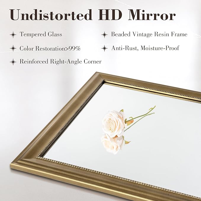 Axeman 30x40 Rectangular Wall Mirror, Decorative Bathroom Mirror, Traditional Vintage Wall Mounted Mirror with Beaded Frame for Accent Living Room Vanity Bedroom Entryway, Gold