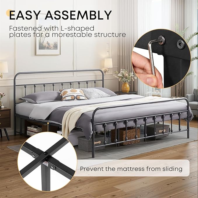 Twin Bed Frame-Classic Metal Platform Bed Frame Mattress Foundation with Victorian Style Iron-Art Headboard/Footboard/Storage Space/No Box Spring Needed/Black