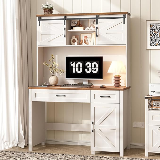Farmhouse 47" Executive Desk, Computer Desk with 2 Drawers, LED Light and Storage Cabinet, Home Office Desk with Hutch, Charging Hub, Workstation for Home Office and Study.Unique White