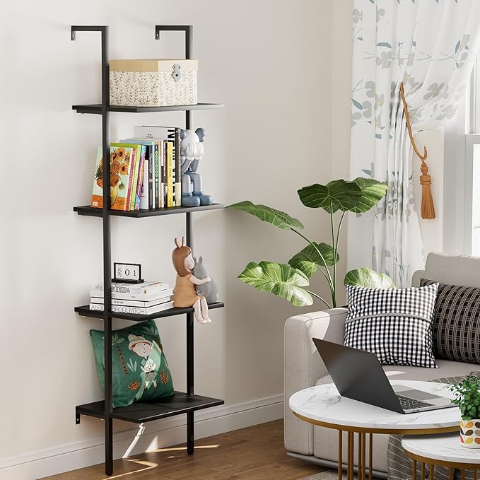 Ladder Shelf 4 Tiers Metal Industrial Bookshelf,Black Wooden Tall Open Storage Rack and Display Shelves,Wall Mount Wide Book Case for Home Office Bedroom,Small