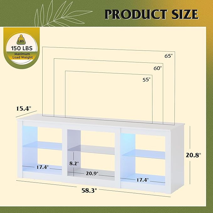 WLIVE LED TV Stand for 65 Inch TV, Modern Entertainment Center with Adjustable Glass Shelves & Customizable LED Lights, Sturdy Media Console for Living Room, Bedroom,Gaming (White)