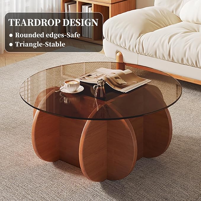 Modern Round Glass Coffee Table - Mid Century Small Coffee Table for Living Room, Suitable for Bedroom Living Room Reception Offices Couch Tables(Walnut/Brown)