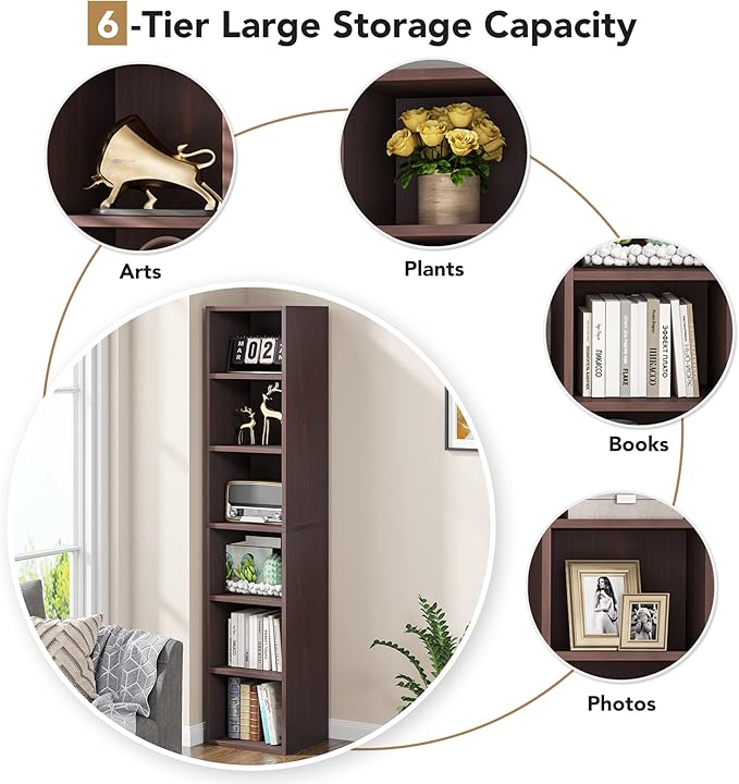 LITTLE TREE 70.9 Inch Tall Narrow Bookcase, Corner Bookshelf 6 Tier Cube Display Shelf Storage Organizer for Small Space, Brown