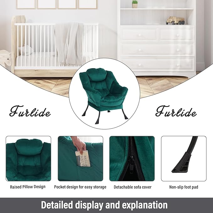 Oversized Chair with Ottoman, Modern Chair with Folding Footrest, Lounge Accent Chair, Comfortable Reading Chair for Bedroom, Study, Living Room, Courtyard (Velvet Dark Green