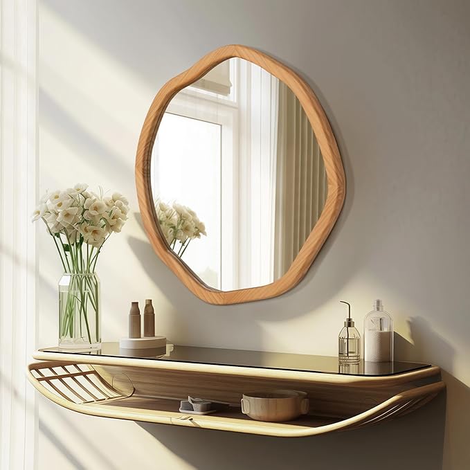 ULIKE Round Wood Mirror, 30 Inch Asymmetrical Circle Vanity Mirror with Wood Frame, Rustic Decorative Wall Mount for Bathroom Bedroom Living Room Entryway