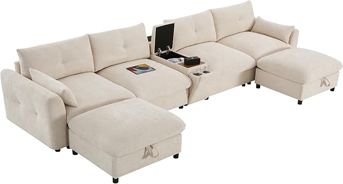 Merax 142'' Modular Sectional Sofa Set with Movable Storage Ottoman and Console, Cup Holder, Wide Seat, 6 Seat U Shaped Couch, Oversized Chenille Sofa with USB Charger for Living Room, Beige