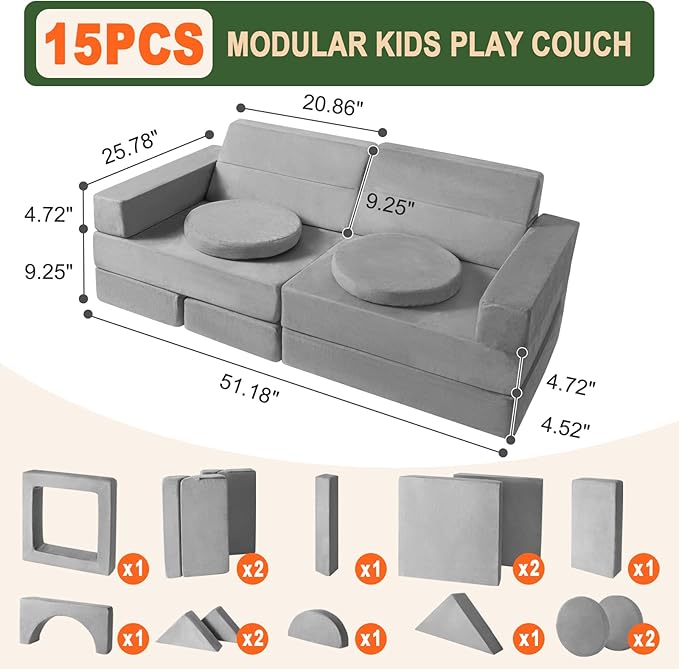 Modular Kids Play Couch 15PCS, Convertible Toddler Floor Sofa Set, Foam Play Sofa for Boys & Girls, Versatile Kids Furniture for Playroom, Climbing, Reading, Relaxing