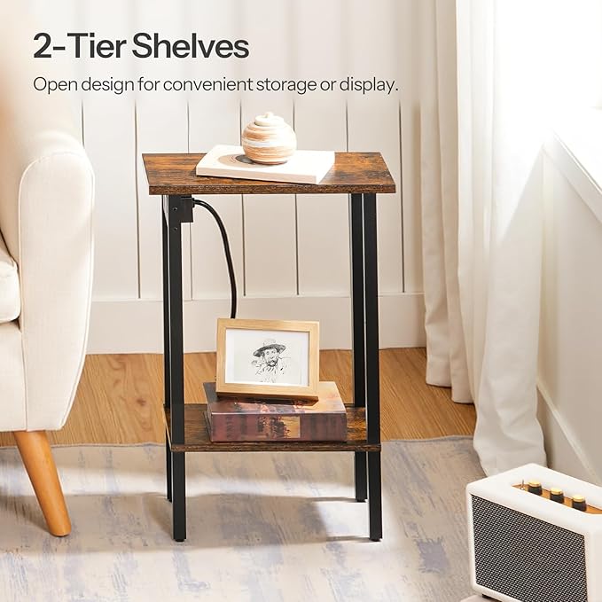 HOOBRO Small End Table with Charging Station, Set of 2, Narrow Side Table with USB Port and Outlets, Skinny Sofa Table, Slim Nightstand, Living Room, Bedroom, Rustic Brown and Black BF240UBZP201