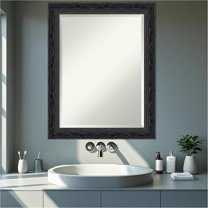 Amanti Art Bathroom Mirror for Over Sink, 29x23 Filigree Gloss Black Rectangle Vanity Mirror, Medium Traditional Frame, Hangs Horizonally and Vertically, Bathroom Wall Decor, Beveled Edge