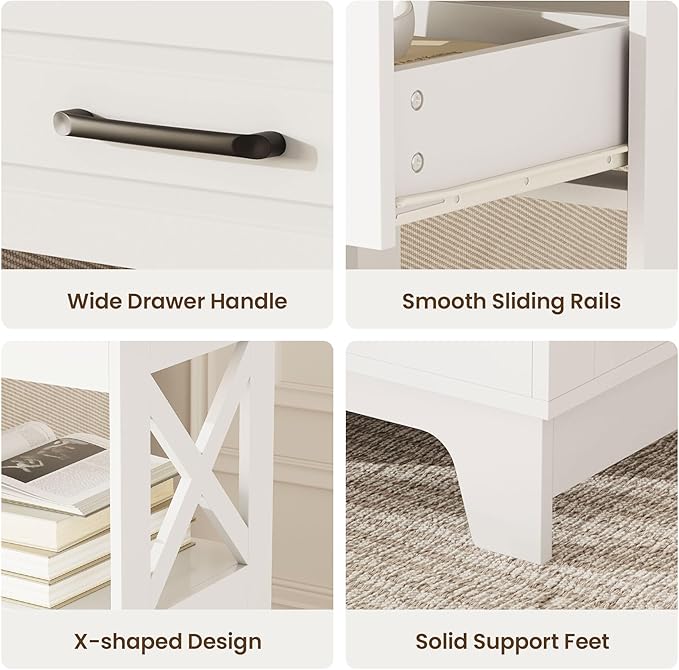 Tall Nightstand Set of 2 Side Table with 2 Drawers Modern Night Stand Wooden End Table Bedside Table with Upper Open Shelf Solid Feet for Bedroom, Living Room, White