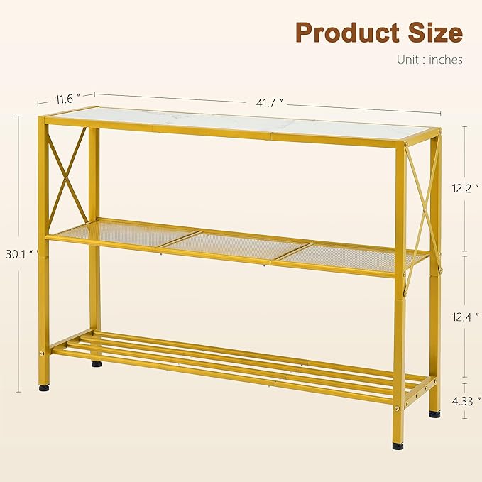 Hoctieon Gold Console Table, 3 Tier Entryway Table, Hallway Table, Narrow Sofa Table with Shelves, Entrance Table for Entryway, Gold and White