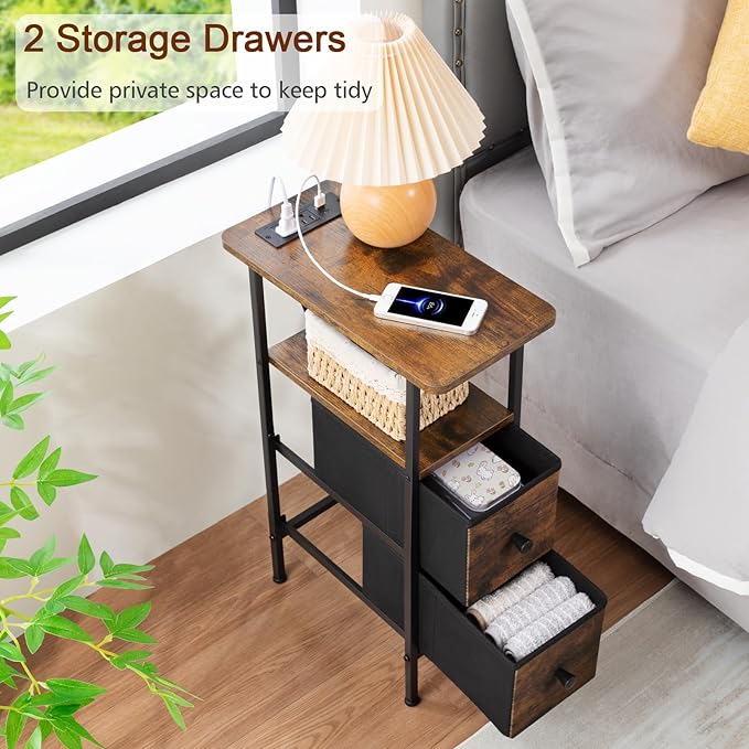 Narrow End Table Living Room with Charging Station, Skinny Side Table with Fabric Drawers, Slim Nightstand for Bedroom, Small Spaces, Couch, Brown, HETNDP02BR-1