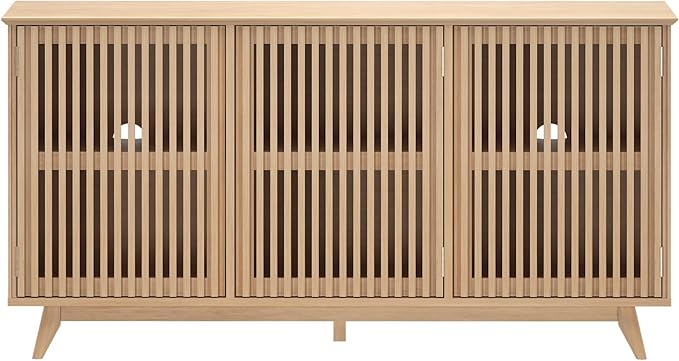 Plank+Beam Mid-Century Modern Wood TV Stand, Three Door Solid Wood Entertainment Console with Storage, 59" L x 16" W x 30" H, Blonde