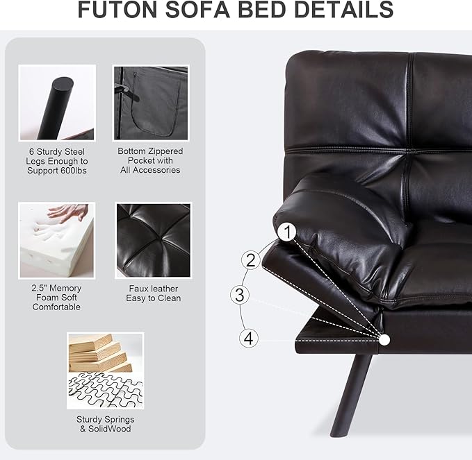 Vipbear Futon Sofa Bed Couch, 71" Convertible Sofa Bed, Space-Saving Loveseat with Adjustable Backrest & Armrest for Living Room,Apartment,Office,Black Sleeper Sofa