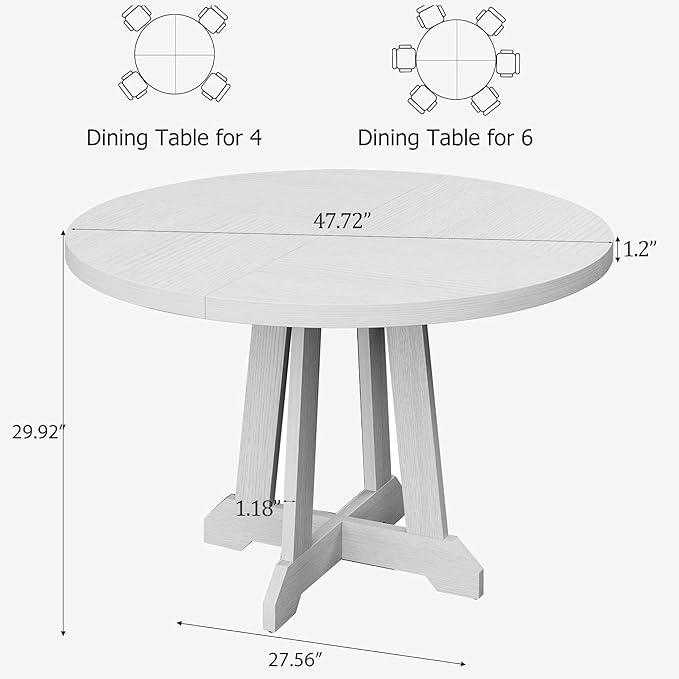 Garvee Dining Table for 4 to 6 People, 47 Inch Round Dining Table, Wooden Kitchen Table with Sturty Legs, Dining Room Table for Dining Room, Kitchen，White