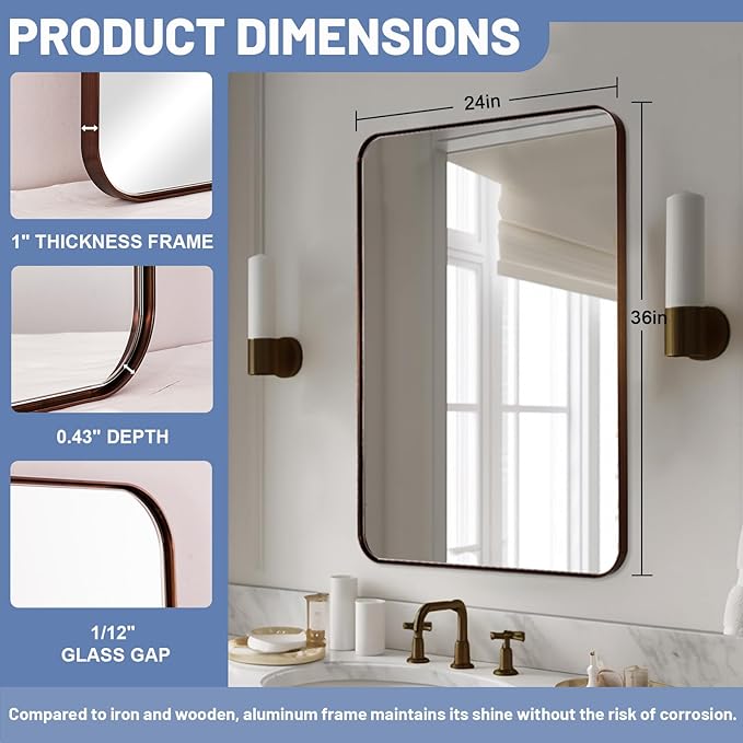 24x36 Inch Brushed Bronze Bathroom Mirror for Wall, Metal Framed Rectangle Mirror with Rounded Corner, Bathroom Vanity Mirror in Aluminum Alloy, Hangs Horizontally or Vertically