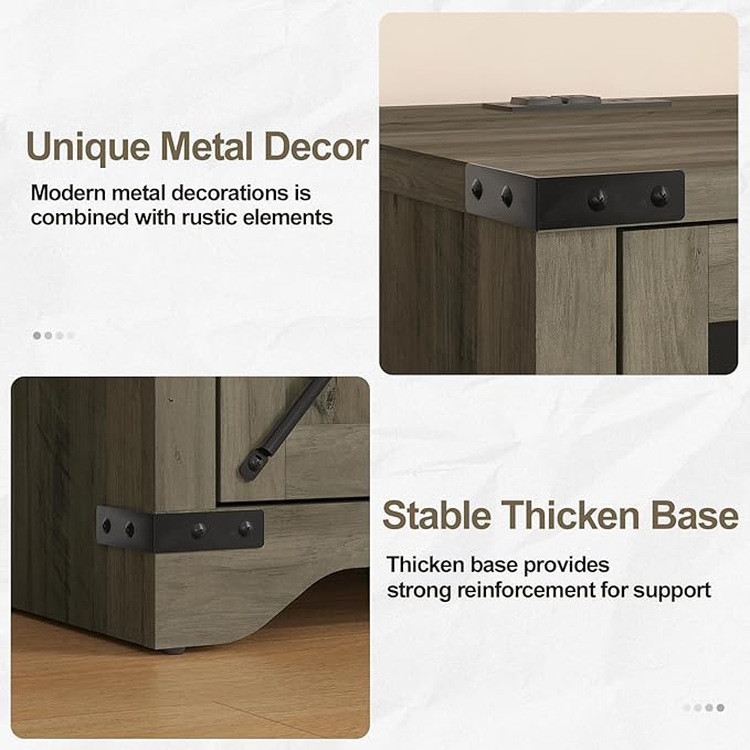 Farmhouse End Table Set of 2 with Charging Station, 26.4" Tall Rustic Nightstand with Drawer and X Barn Door, Country Bedside Sofa Side Table for Living Room, Grey