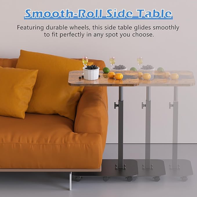 TV Tray Table Heavy Metal Base with Wheel Swivel/Adjustable Height Couch Table, Sofa Arm End Side Table for Living Room and Bedroom, Bed or Small Spaces