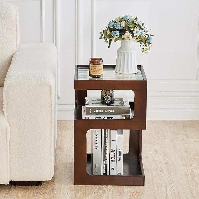 Uniclinens Bookshelf Nightstand 3-Tier Storage, End Side Table with Tempered Glass Desktop, Modern Solid Wood Bedside Table for Bedroom Living Room, Walnut