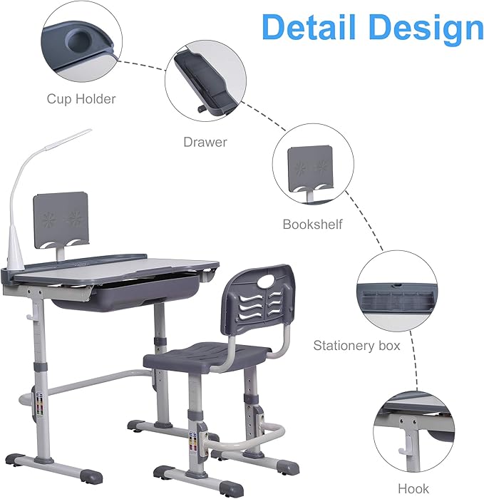 Kids' Desk and Chair Set, Height Adjustable Child's School Study Writing Tables with Tilt Desktop, LED Light, Storage Drawer, Book Stand(Grey)