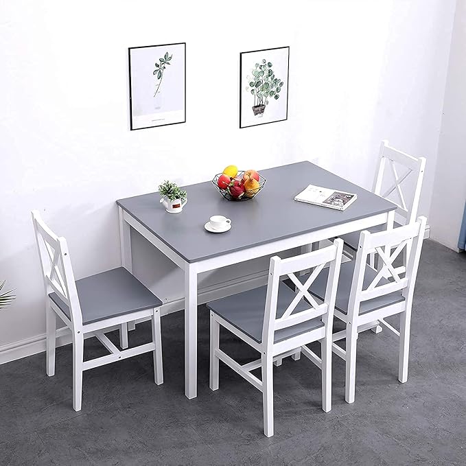 soges Dining Table Set for 4, 42.5 inch Pine Wood Dining Room Table with 4 Chairs, 5-Piece Kitchen Table Chairs Set for Small Space, Apartment, Dinette, Breakfast, White and Grey