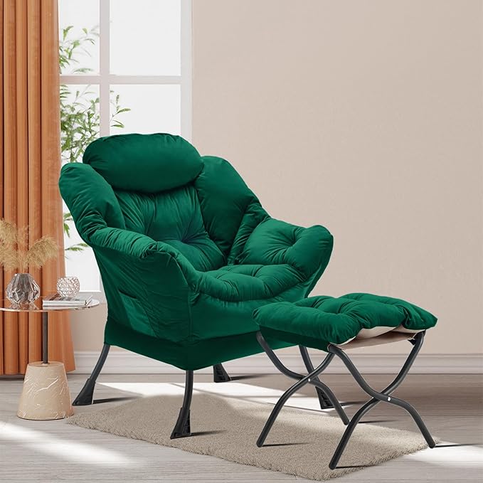 Lazy Chair with Folding Ottoman, Accent Chair Velvet Upholstered with Metal Structure and Non-Slip Pads, Sofa Armchair with Footrest and Side Storage Bag for Dorm, Room, Office, Green