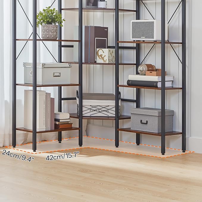 HOOBRO Industrial Corner Bookshelf, 5-Tier L-Shaped Bookcase, Open Display Storage Rack, Floor Standing Storage Shelf, for Living Room, Bedroom, Home Office, Rustic Brown and Black BF68SJ01