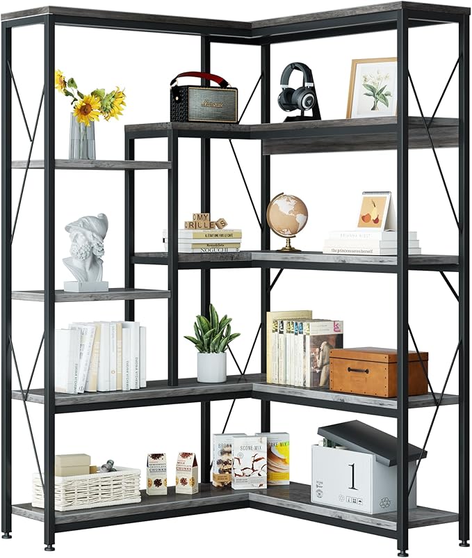 Shintenchi 5 Tiers Corner Bookshelf, 70.86" Tall L-Shaped Bookcase, Large Corner Etagere Bookcase, Corner Shelf Display Storage Rack with Metal Frame for Living Room Home Office, Grey