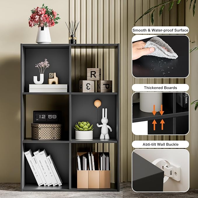 Sweetcrispy 6 Cube Storage Organizer - Open Cube Bookshelf with 3 Removable Back Panels, Display Storage Bookcase for Living Room, Bedroom, Entrance Hall, Home Office，36" L×11.6" W×24" H, Deep Black