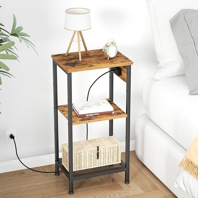 Tall End Table with Fast Charging Station, 3 Tier Narrow Side Table with Outlets and USB Ports & Type-C, Nightstand with Storage, Bedside Table Stand for Bedroom, Living Room, Rustic Brown